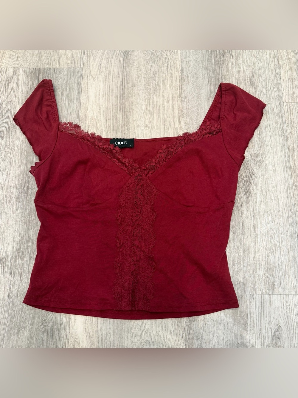 NWOT Cider Burgundy Lace Trim Cotton Top Size Large